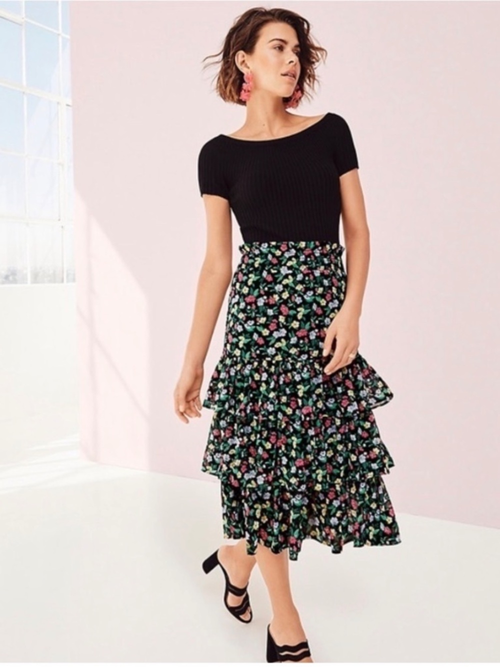 Ann Taylor Dark Floral Tiered Midi Skirt Fall Winter L NEW